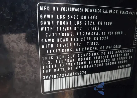 2018 Volkswagen Tiguan 2.0T Se/2.0T Sel from USA, damaged, VIN 3VV2B7AX4JM145274
